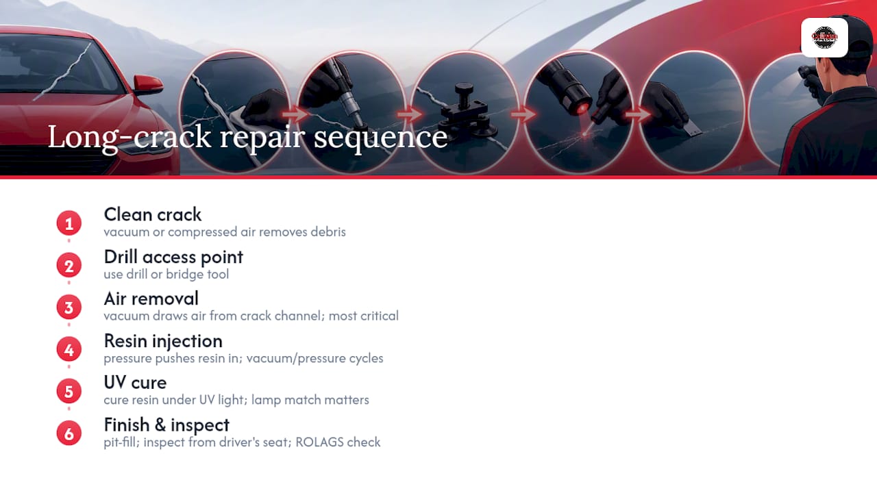 Diagram of long crack windshield repair steps