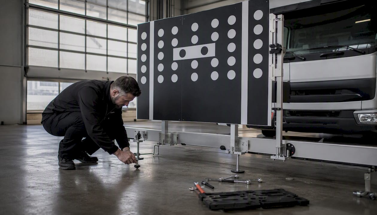 Technician setting up calibration target board in front of truck