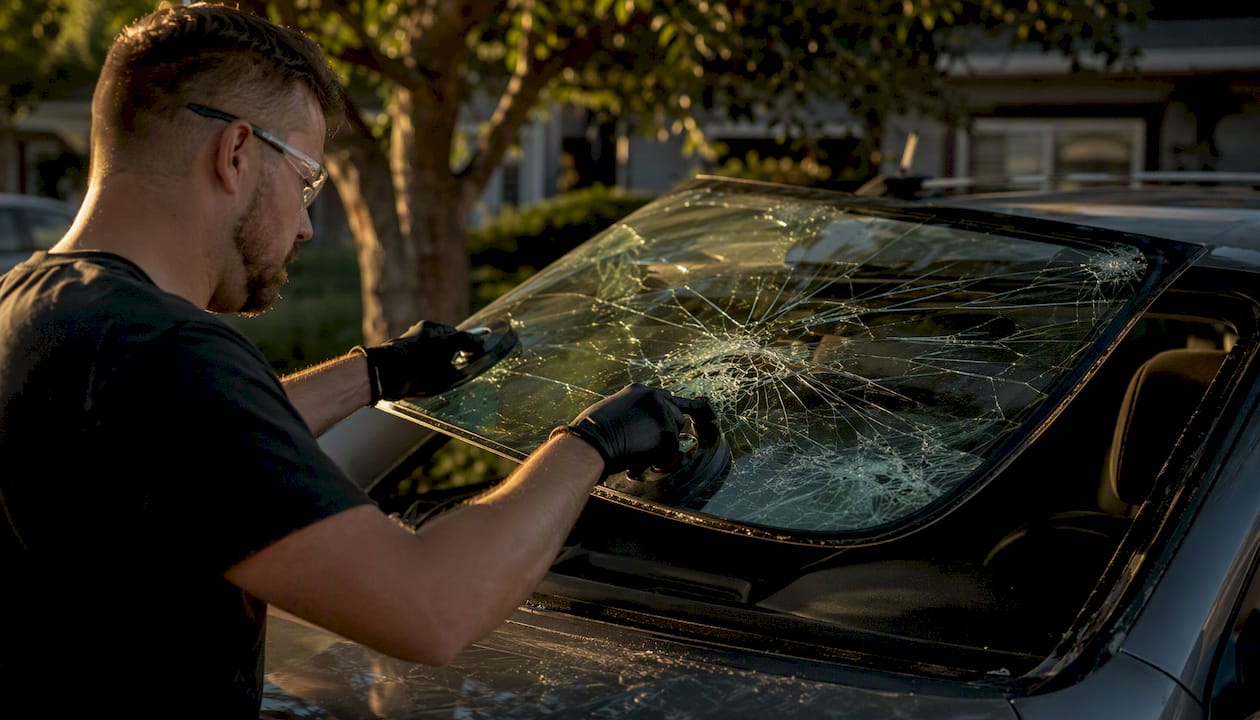 Technician removing windshield during mobile on-site appointment