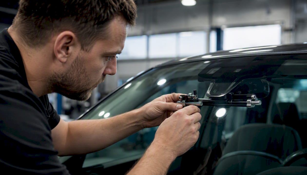 Technician calibrating ADAS camera behind windshield