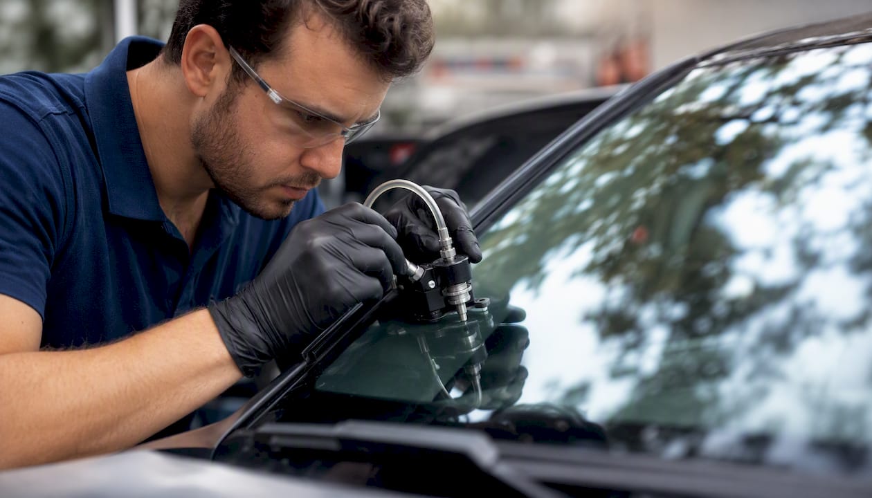 Technician injecting resin into a windshield bullseye chip