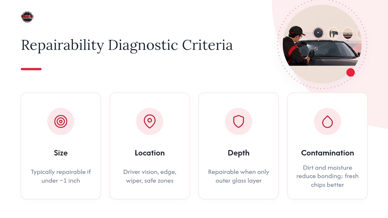 Diagram showing bullseye chip repair diagnostic criteria