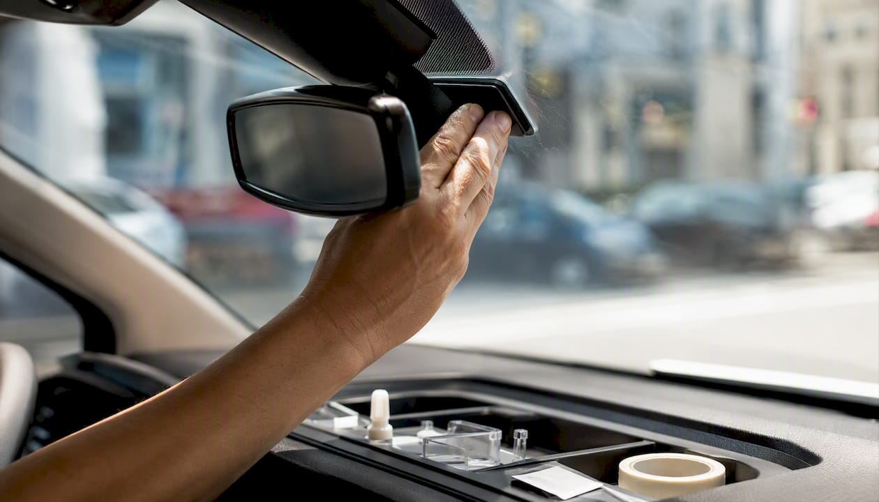 Hand pressing rearview mirror baseplate to windshield