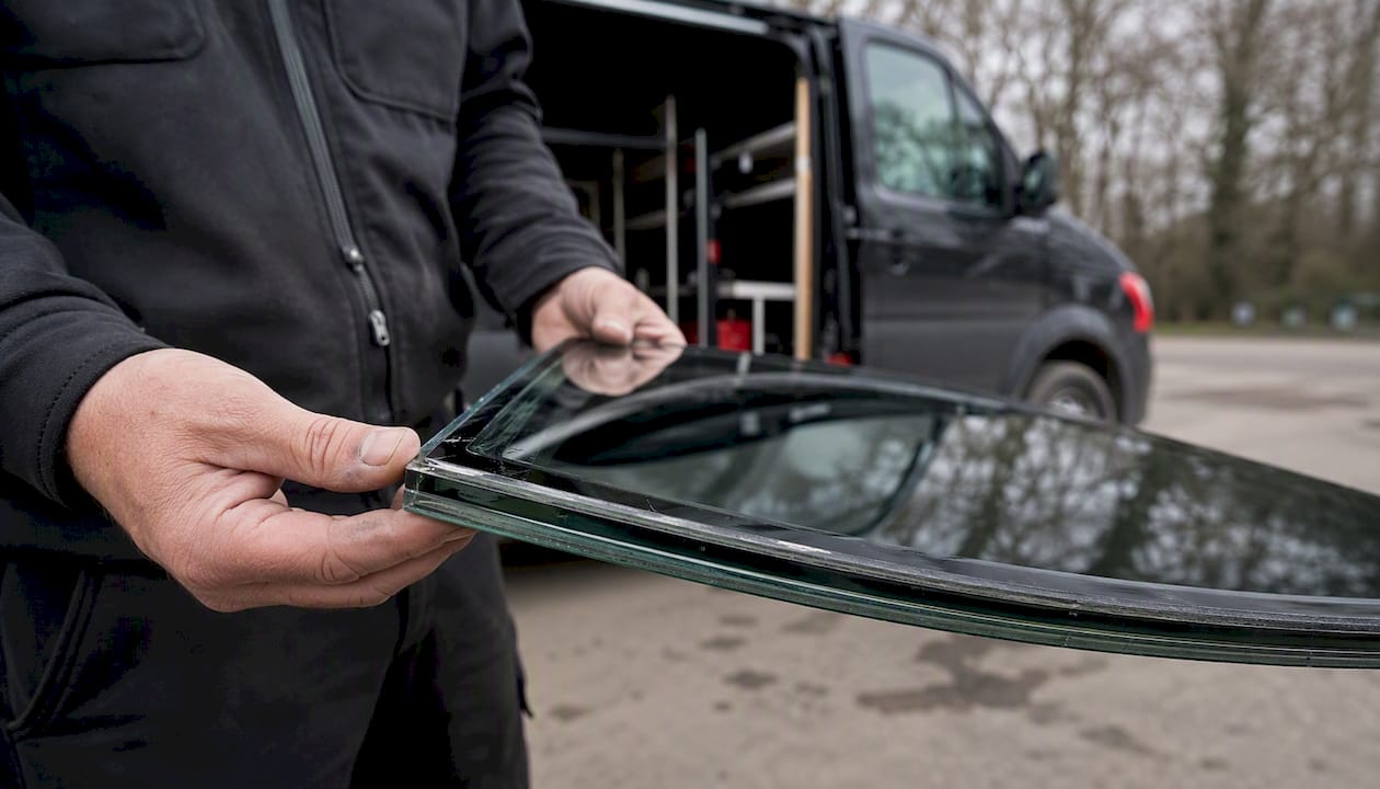 Close-up of laminated side glass cross-section with interlayer