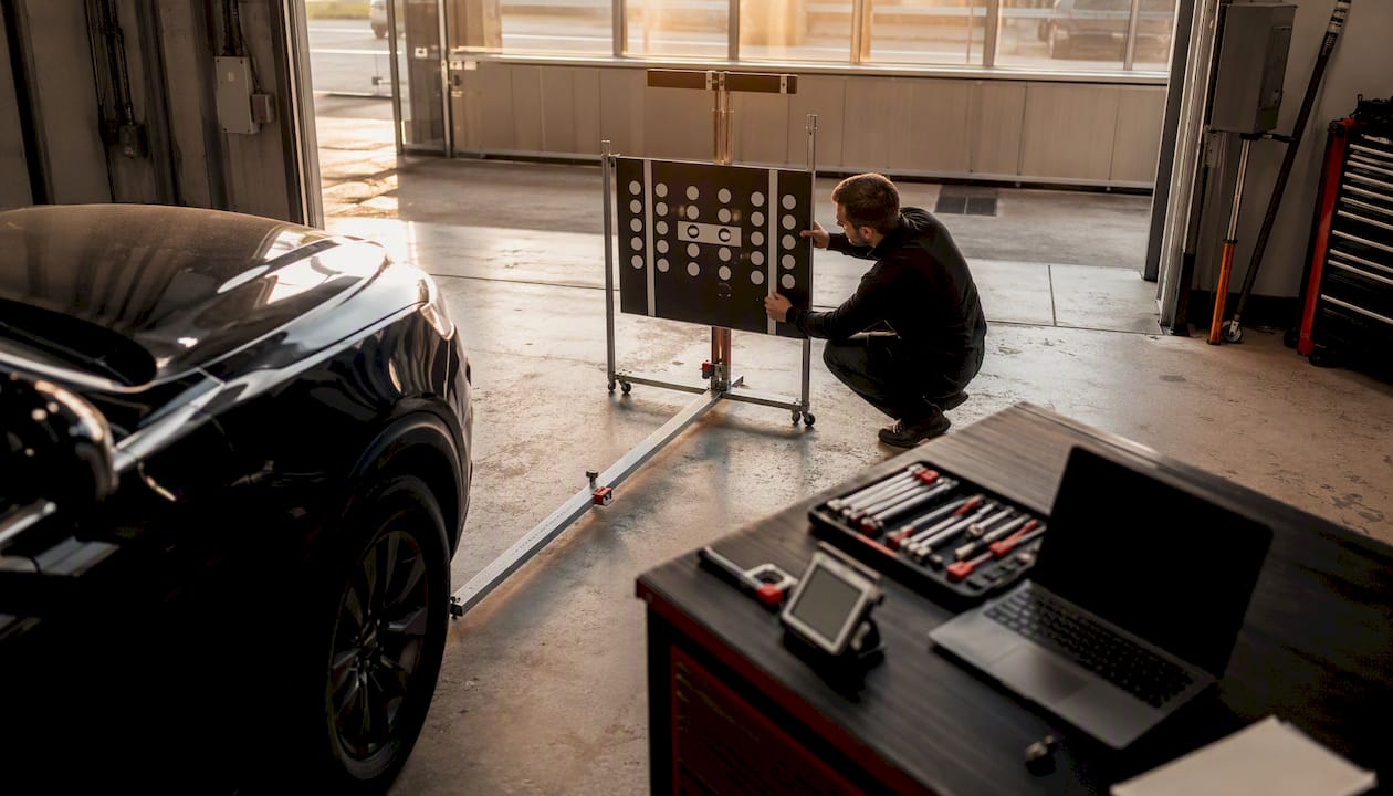 Technician aligning calibration target board indoors
