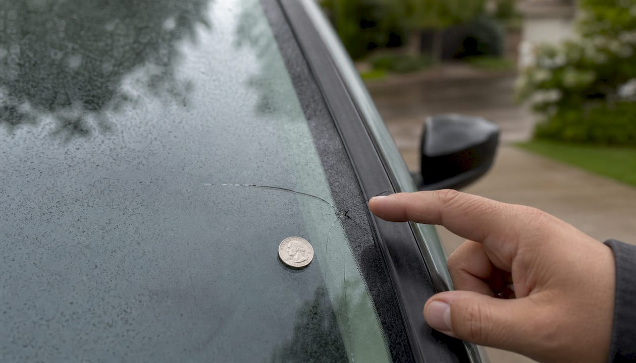 Close-up windshield edge crack next to a coin