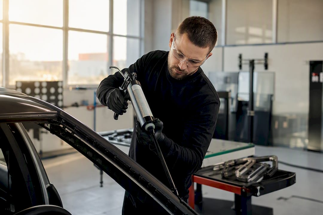 Technician applying adhesive for windshield replacement in cold