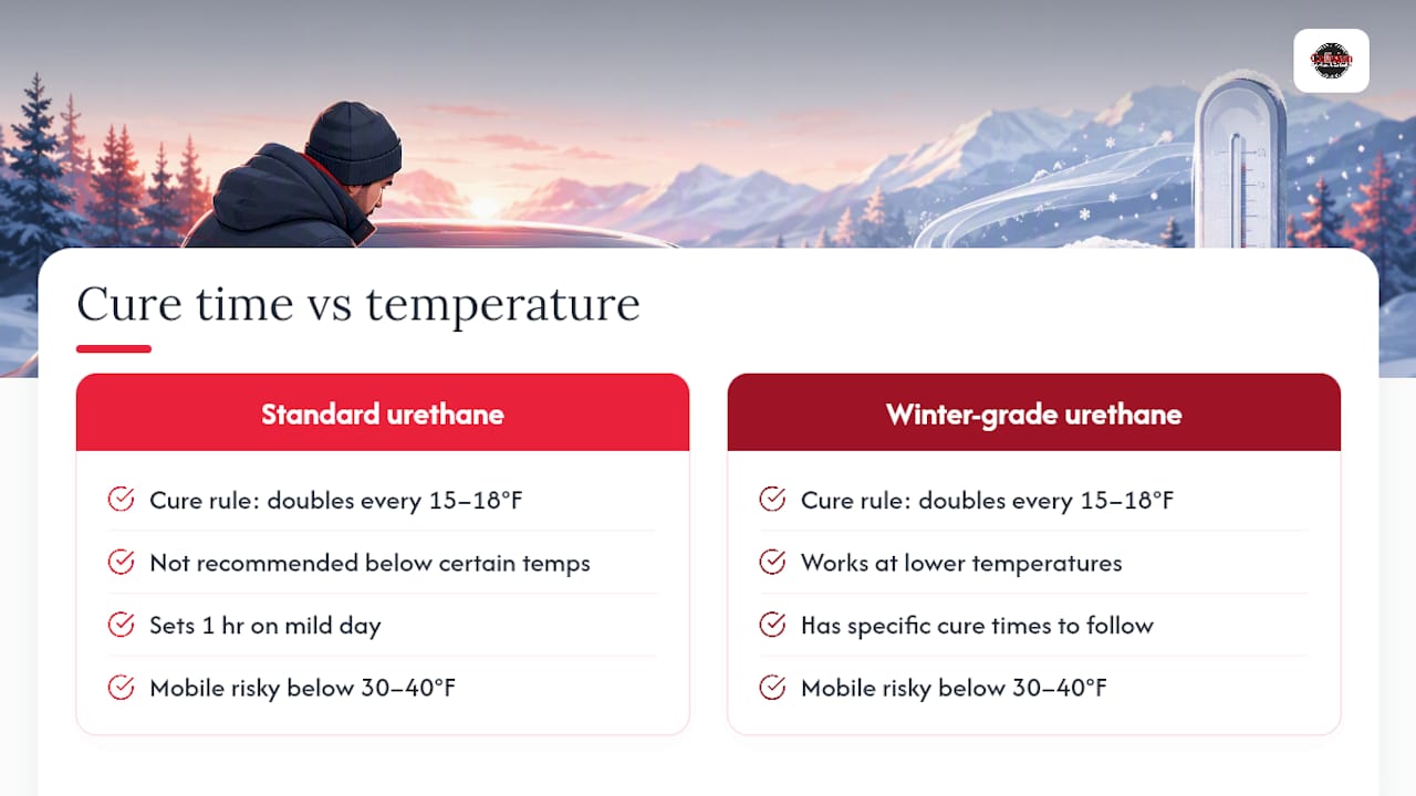 Diagram of adhesive cure time versus temperature drop