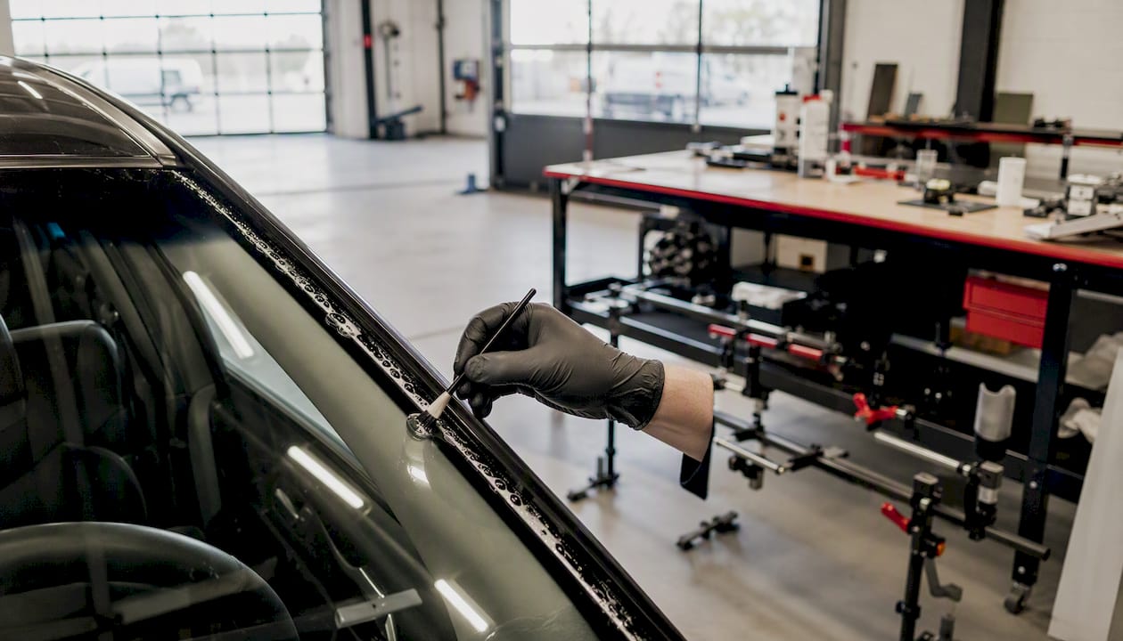 Soap bubble leak test on windshield edge