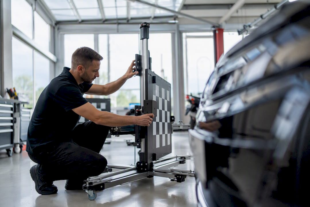 Technician using laser ADAS calibration equipment