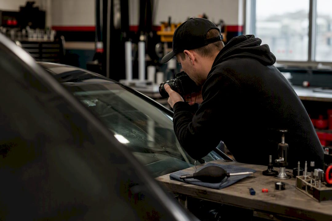 Technician photographing windshield damage in shop