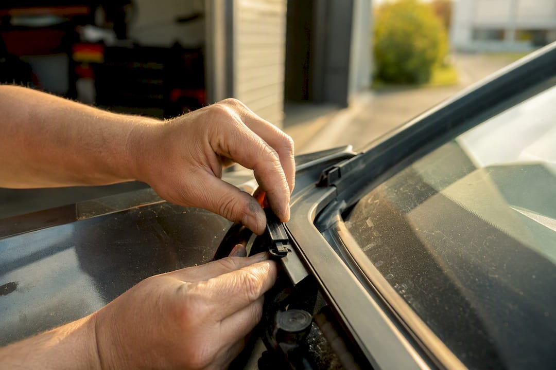 Hands installing windshield molding clips close-up