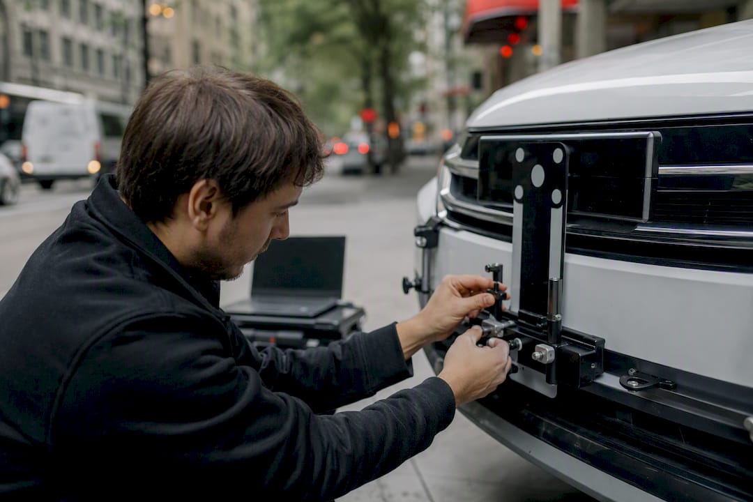 Technician calibrating ADAS sensors on windshield