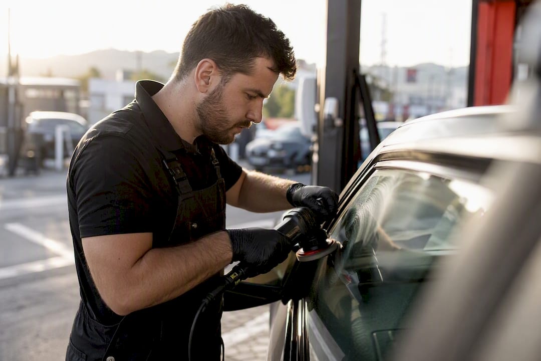 Technician polishing scratched car side window