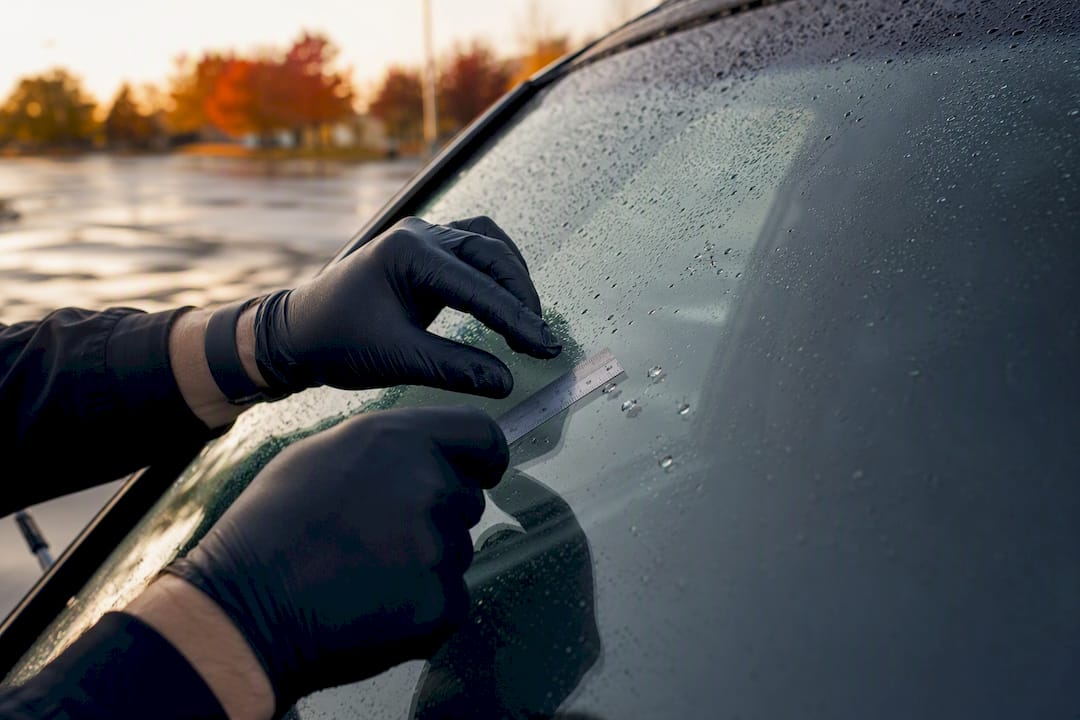 Close-up of measuring distance between windshield chips