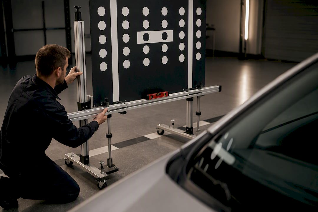Technician aligning static calibration target