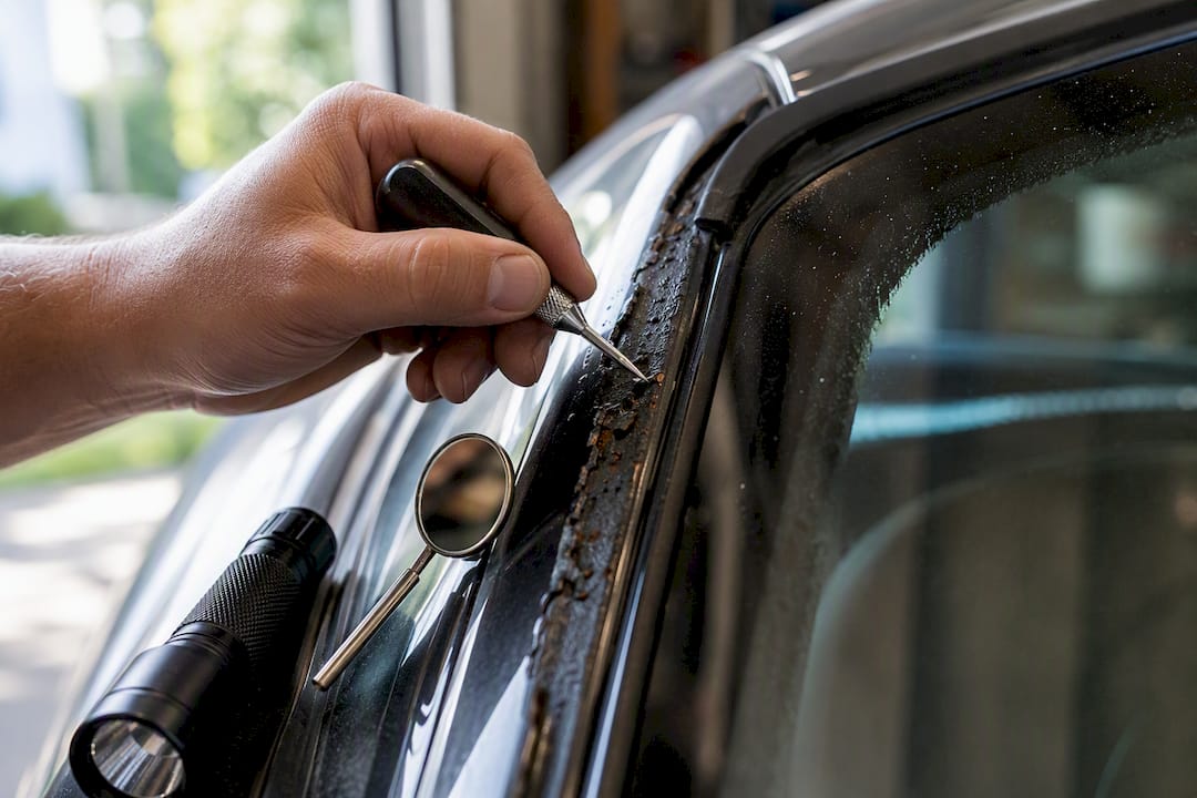 Awl inspecting bubbled windshield frame paint