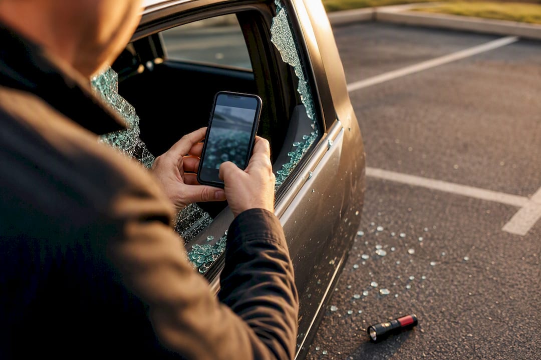 Phone documenting shattered side window damage