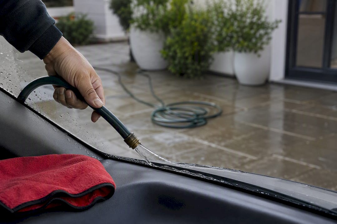 Gentle hose testing windshield perimeter