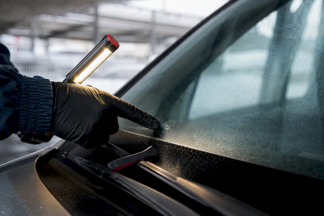 Technician inspecting windshield chip near wiper