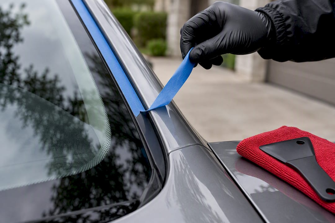 Technician carefully peeling windshield retention tape