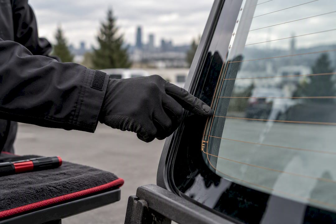 Technician inspecting rear glass defroster lines