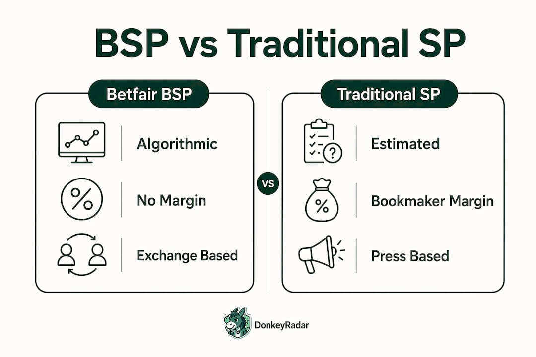Split infographic comparing Betfair BSP and traditional SP