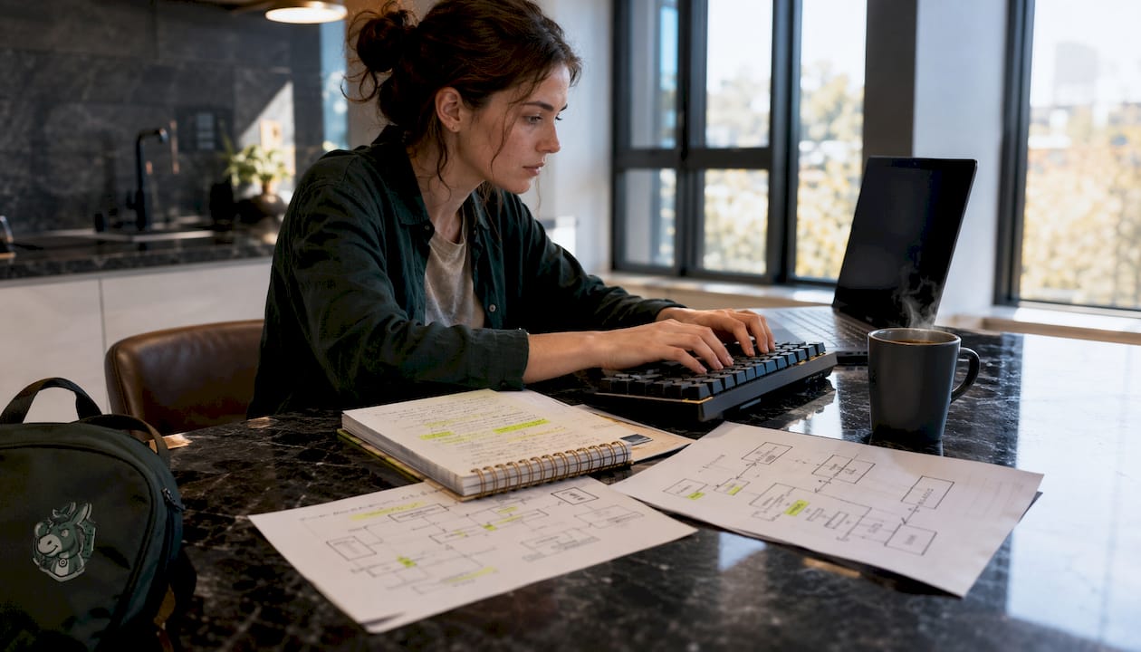 Hands typing with authentication diagram on desk