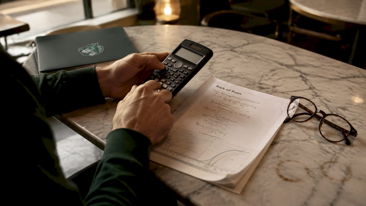 Hands calculating risk of ruin formulas