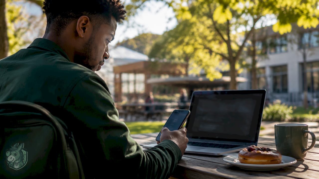 Man using smartphone with betting exchange app in café