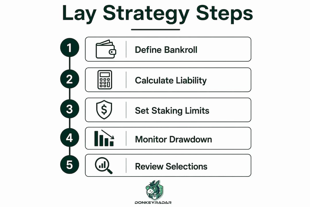 Infographic showing key steps in odds-on lay betting strategy