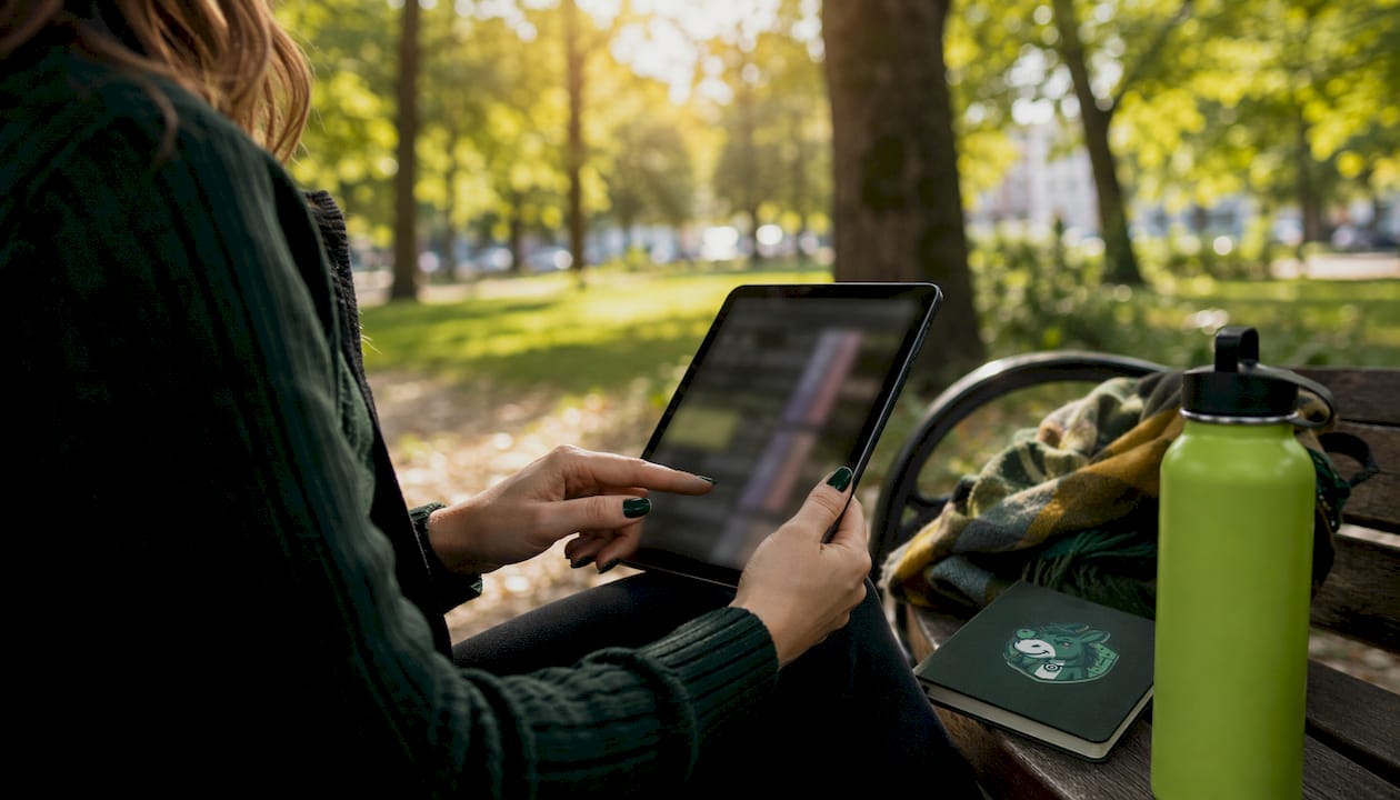 Hands tapping betting ladder on tablet in café