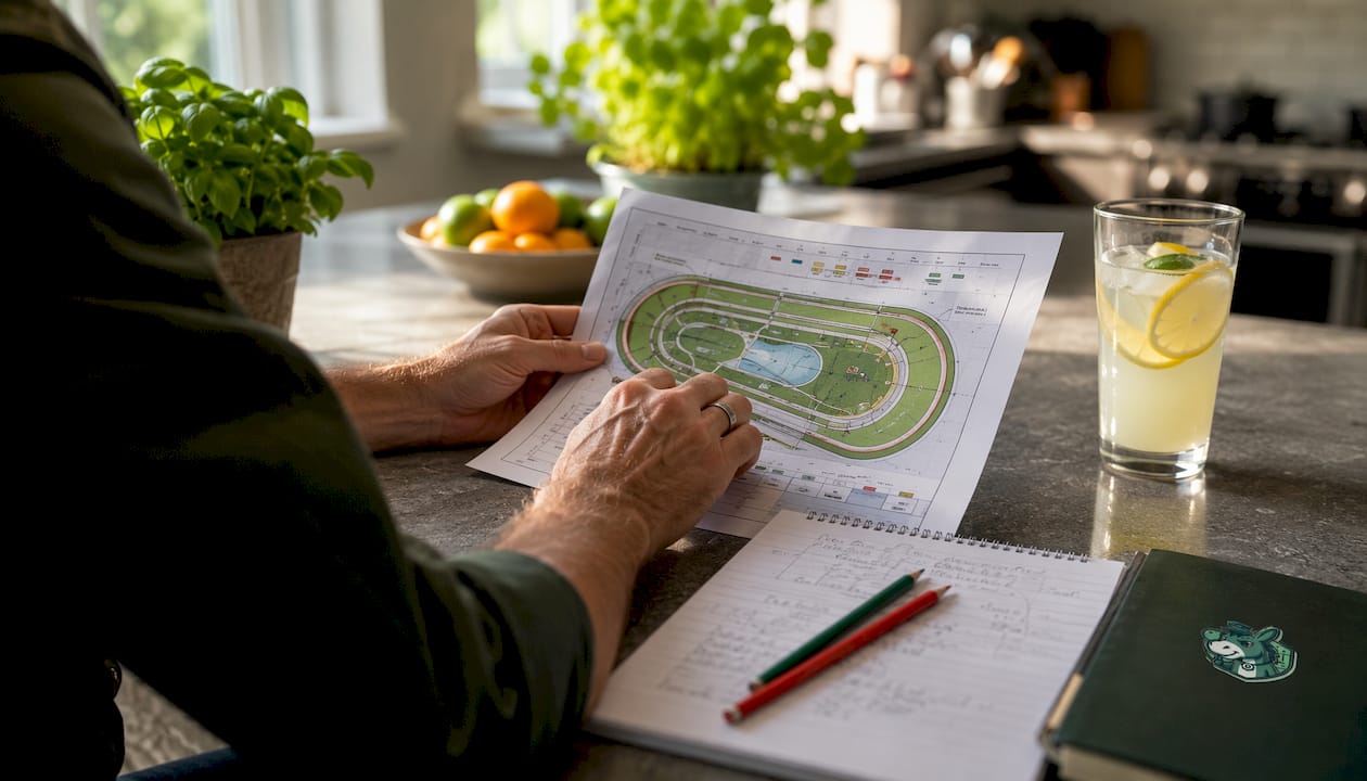 Hands analyzing horse racing track layout on printout