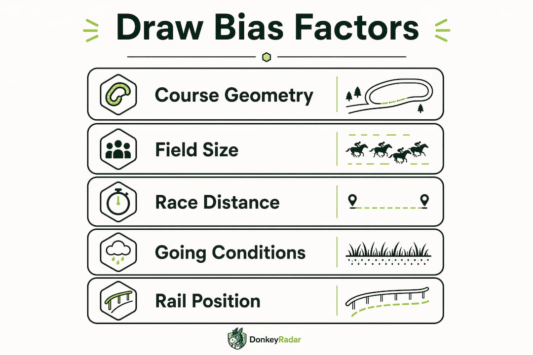 Infographic showing key factors influencing draw bias in horse racing