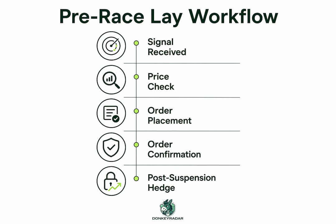 Infographic illustrating pre-race lay bet workflow steps