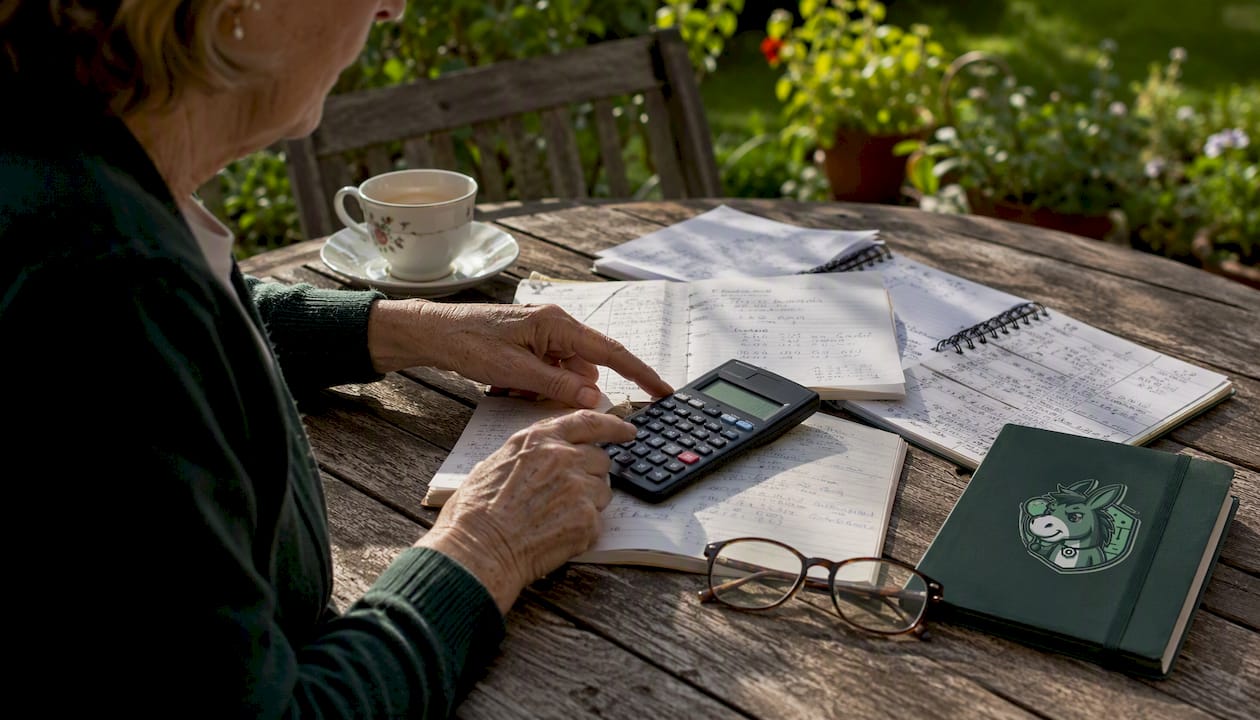 Hands calculating hedge stake with calculator and notes