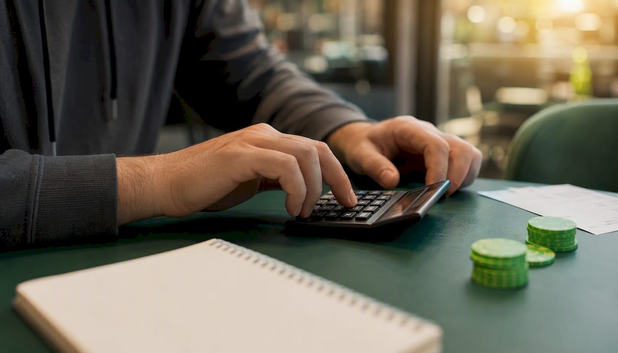 Hands calculating lay liability with calculator
