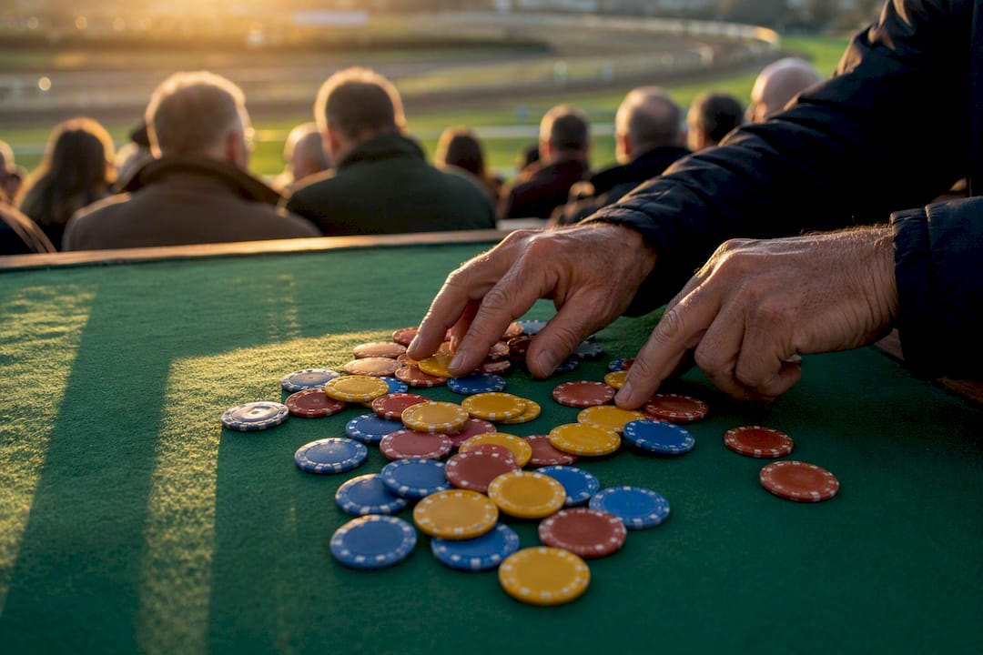 Hands placing betting tokens on mat