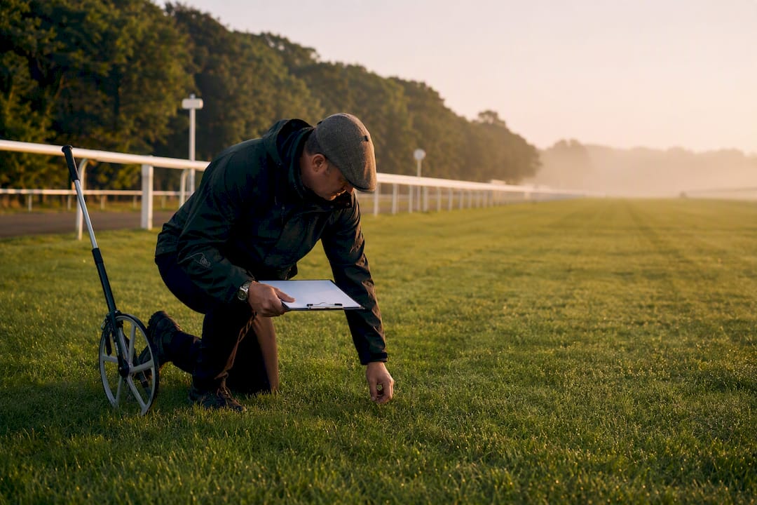 Racecourse official measuring turf pre-race