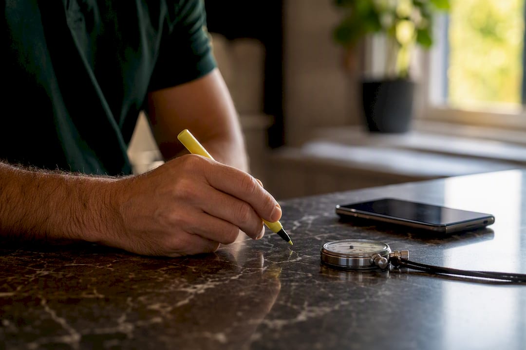 Hand with highlighter poised over table by stopwatch