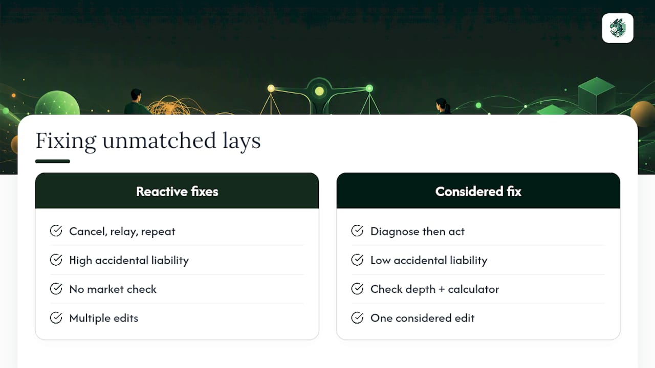 Diagram showing strategic steps to fix unmatched lay bets