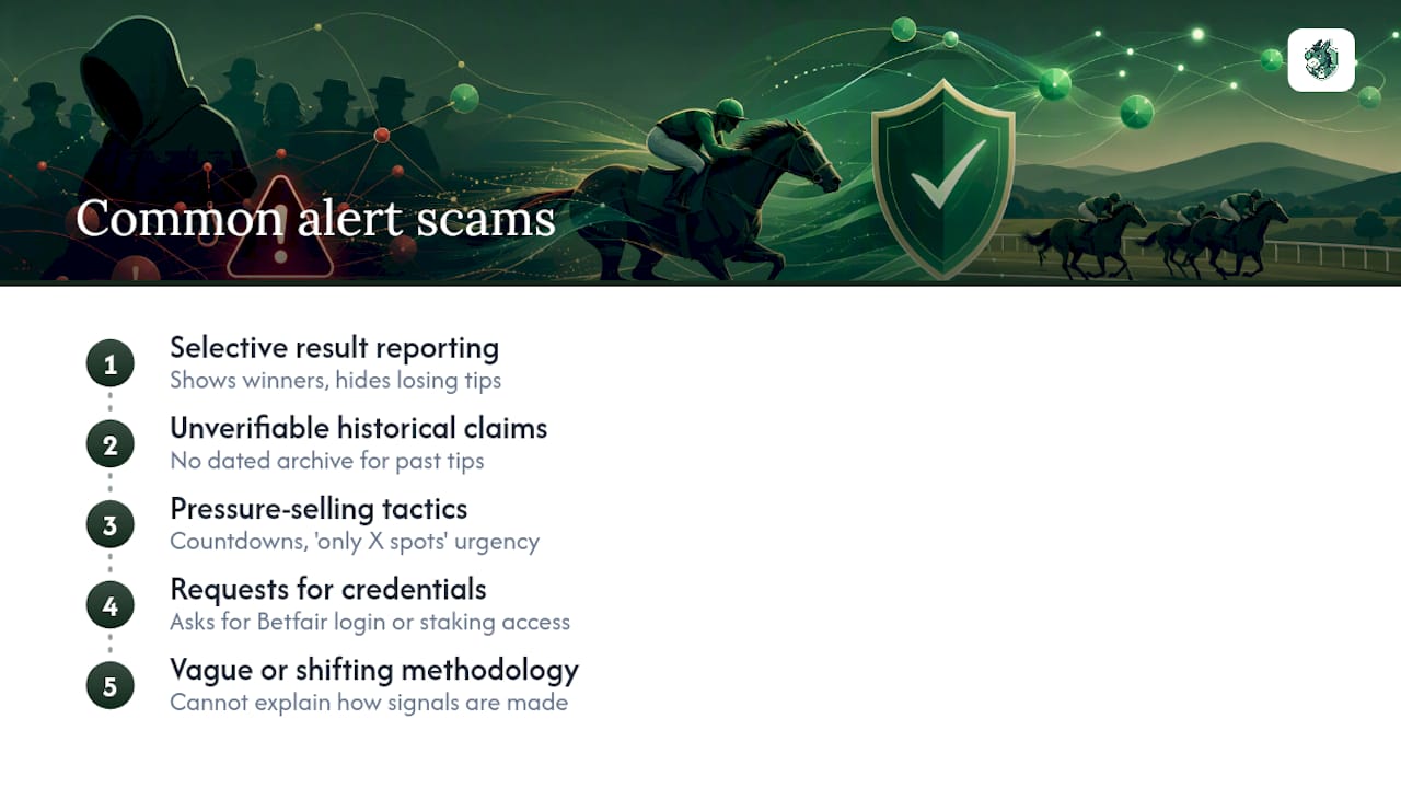 Diagram of common pitfalls and scams in horse racing alerts