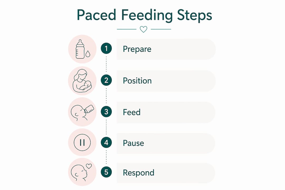 Infographic illustrating paced bottle feeding steps
