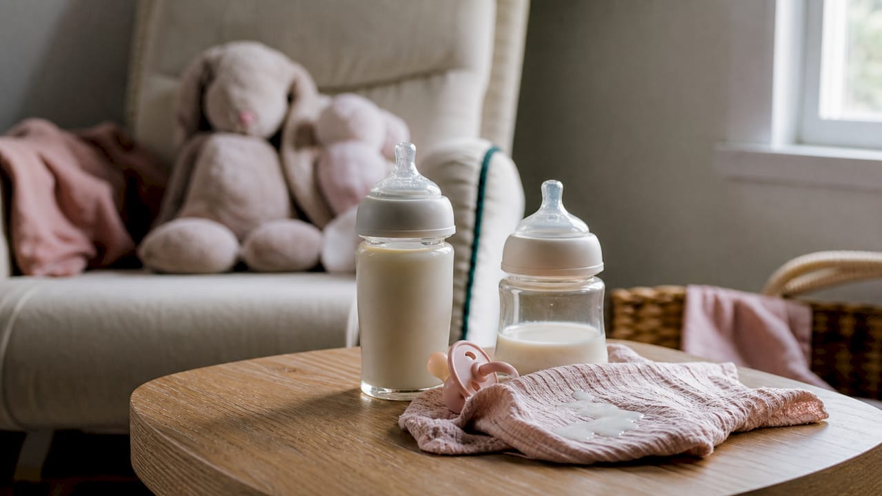 Slow-flow nipples and bottles on kitchen table