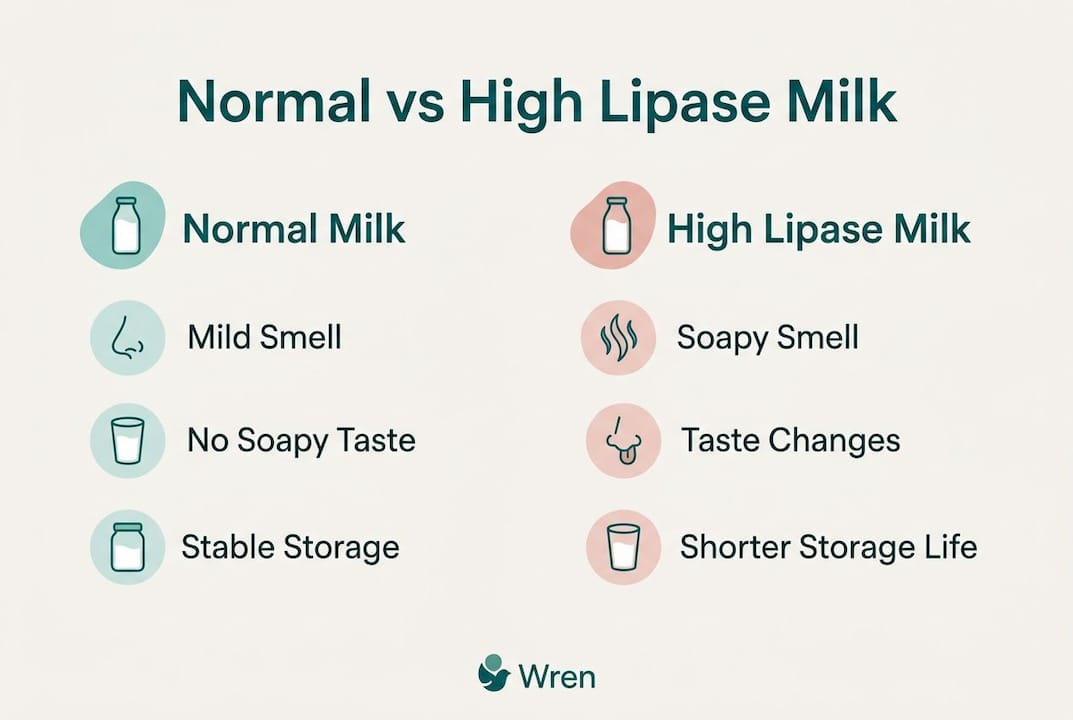 Infographic comparing normal and high lipase breast milk features