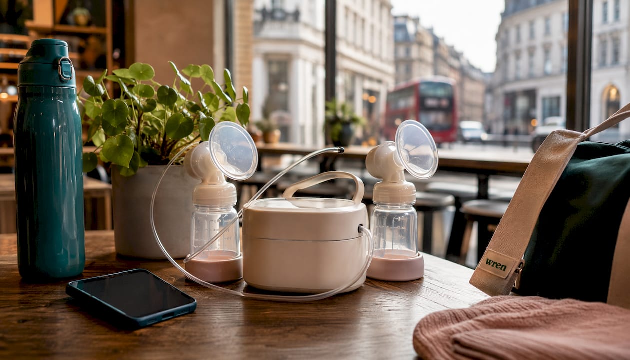Portable motor breast pump on kitchen counter