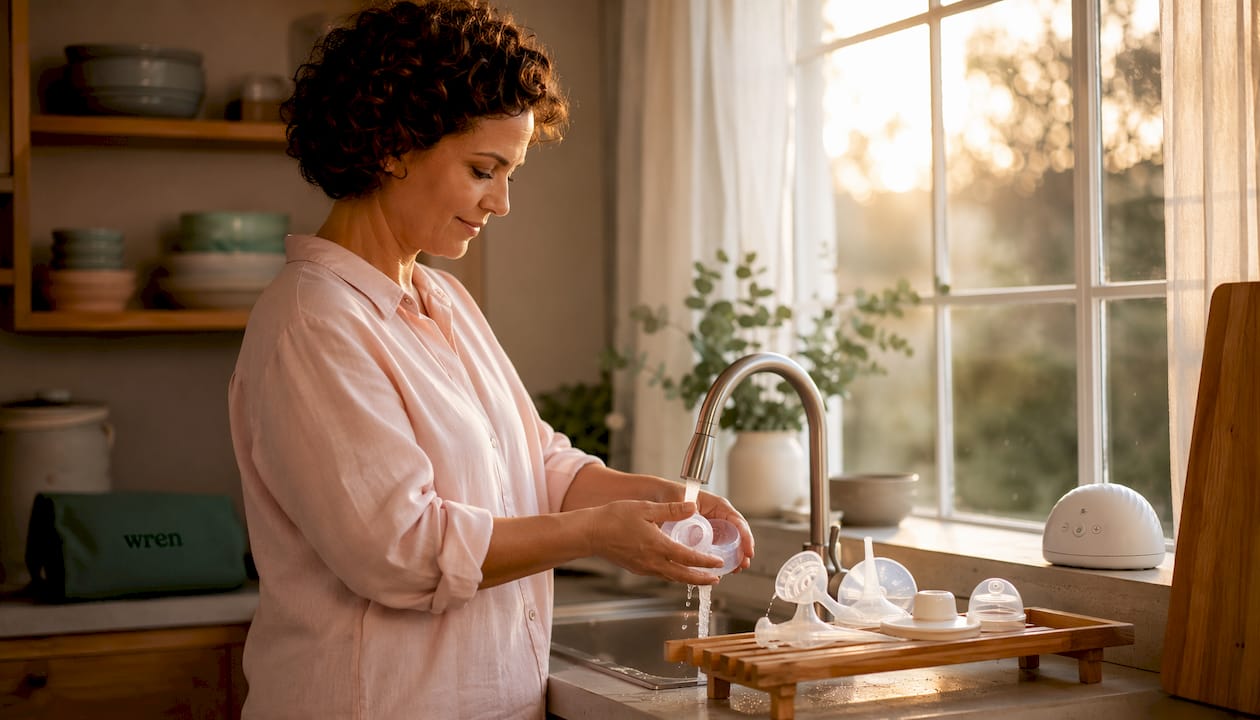 Woman rinsing breast pump parts in kitchen sink