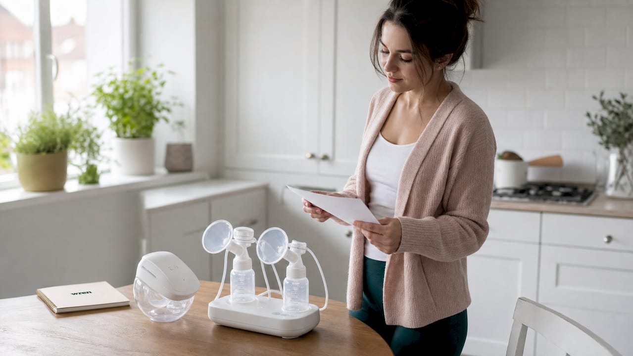 Woman comparing breast pump models in kitchen