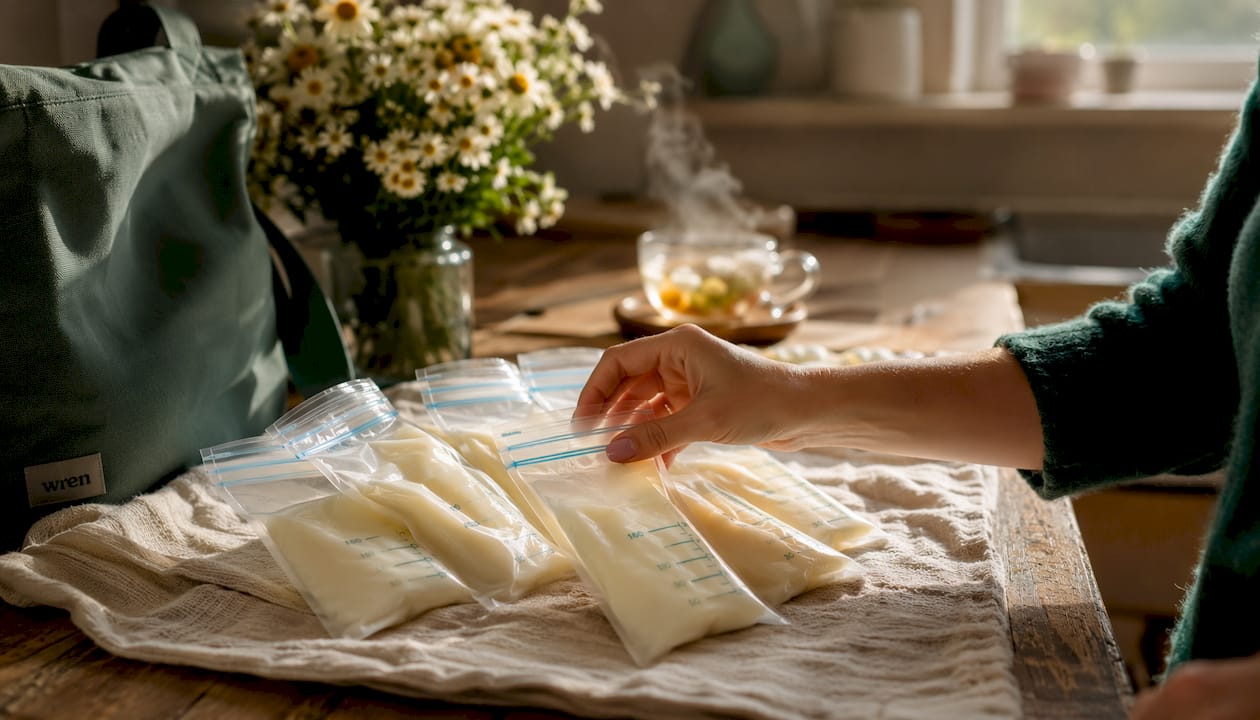 Flat pre-sterilised breast milk storage bags on table