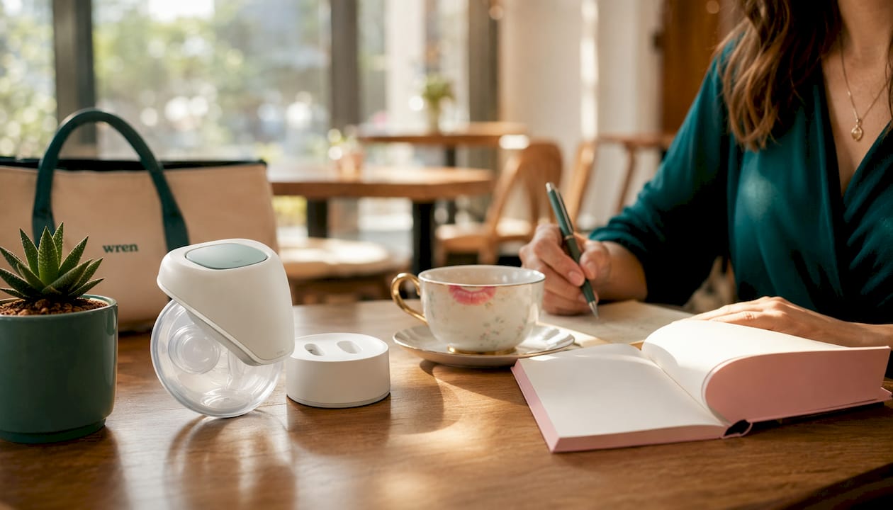 Overhead view of wearable breast pump and accessories on kitchen counter